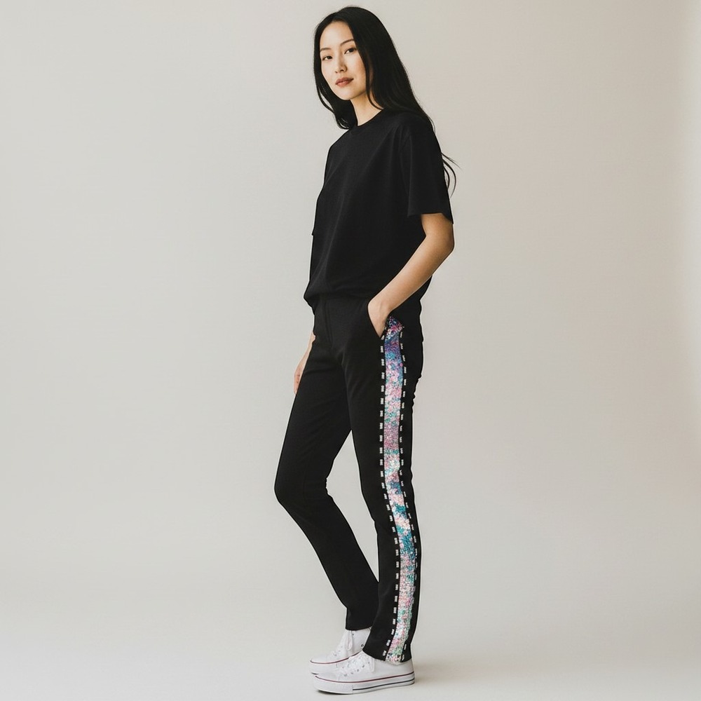 PINK Victoria's Secret Yoga Leggings XL Black Excellent Sequin Side Stripe Logo